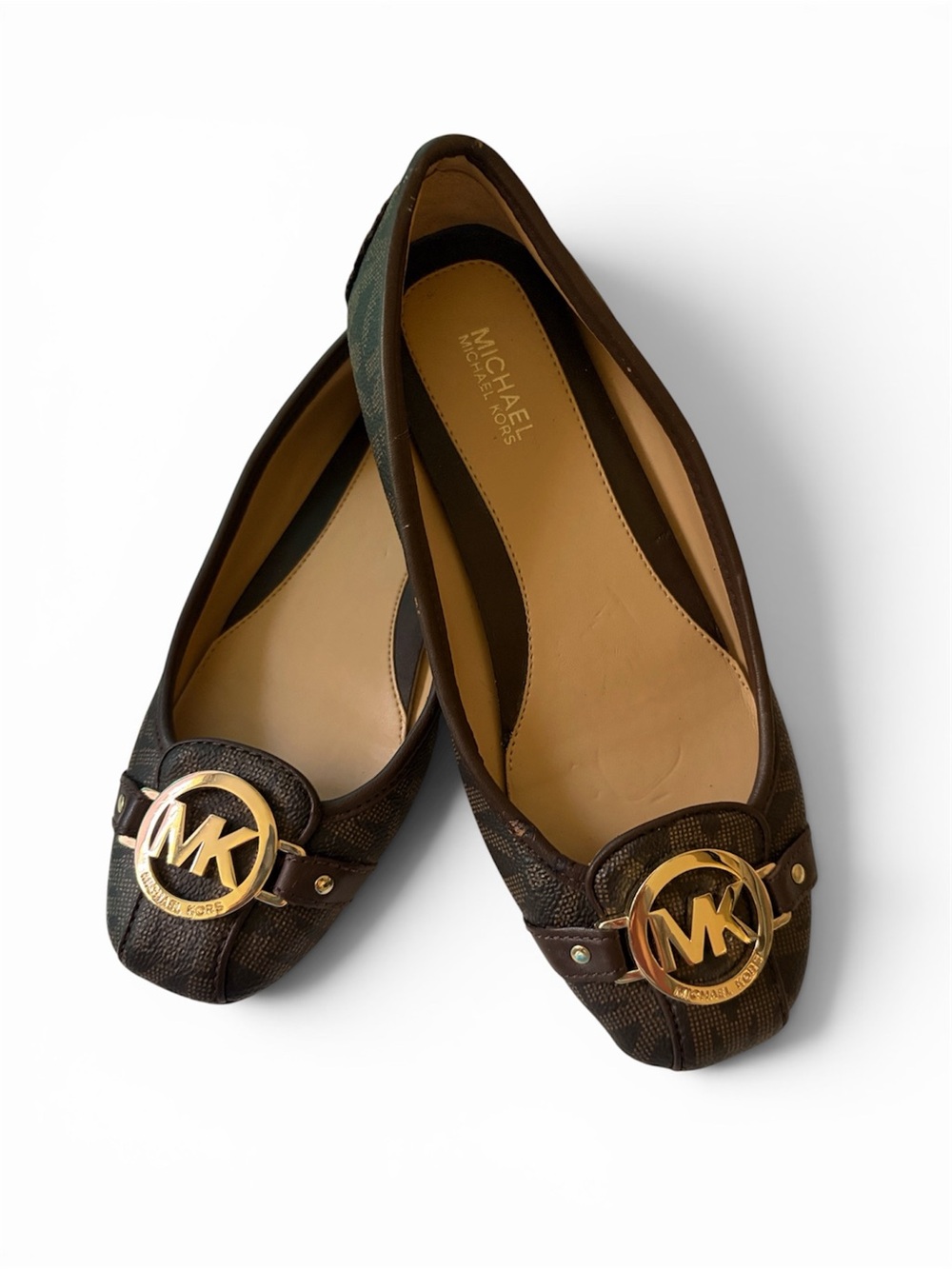 Michael Kors Brown Logo MK Round-Toe Ballet Flats with Gold Hardware
